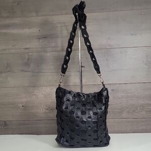 By Anthropologie Black Cutout Woven Leather Crossbody Shoulder Bag